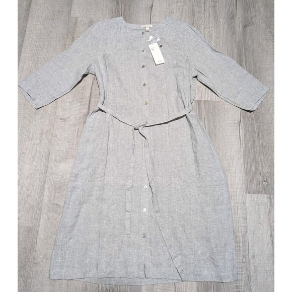Eileen Fisher Dress Organic Linen Sparkle Gray Shirt Dress Midi Sz Medium Petite - Picture 2 of 14